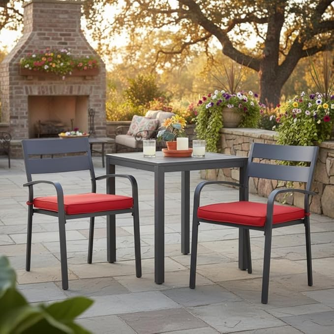 Outdoor 18 inch Square Patio Dining Chair Pads – Comfortable Fiber-Filled Seat Cushions with Ties, Reversible Polyester Fabric - Salsa Red, Set of 2
