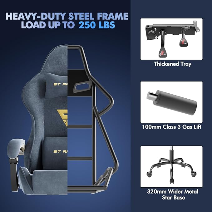 Gaming Chair Racing for Adult, Office Chair with Footrest Massage Lumbar Cushion, Velvet Fabric Reclining Video Game Chairs, Ergonomic Computer Chairs Height Adjustable, for Home Streaming, Grey