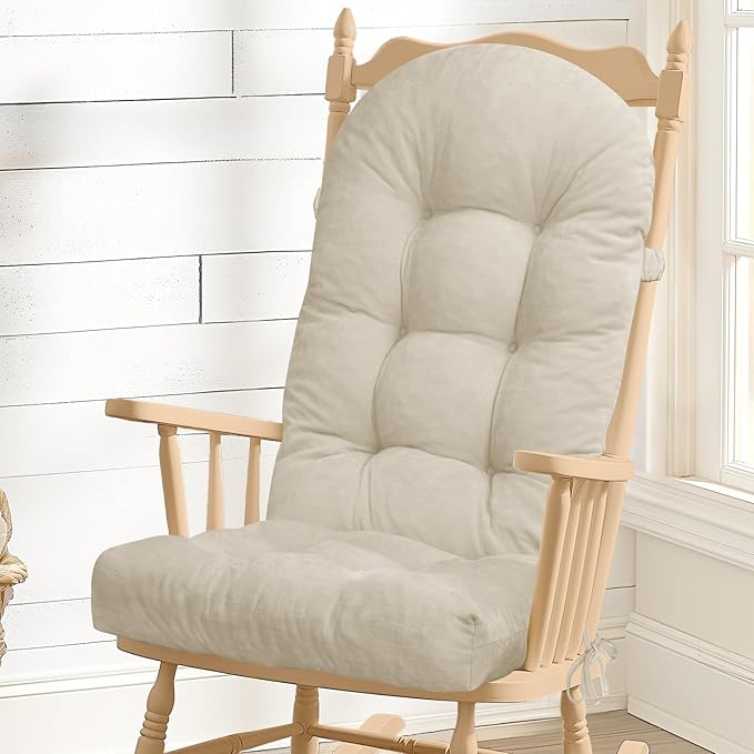 Rocking Chair Cushion - Chenille Fabric, High-Density Sponge, Durable Comfort Double-Sided Tufted Seat Pads with Ties, Chenille︱Oyster White, 44x19x4 inch