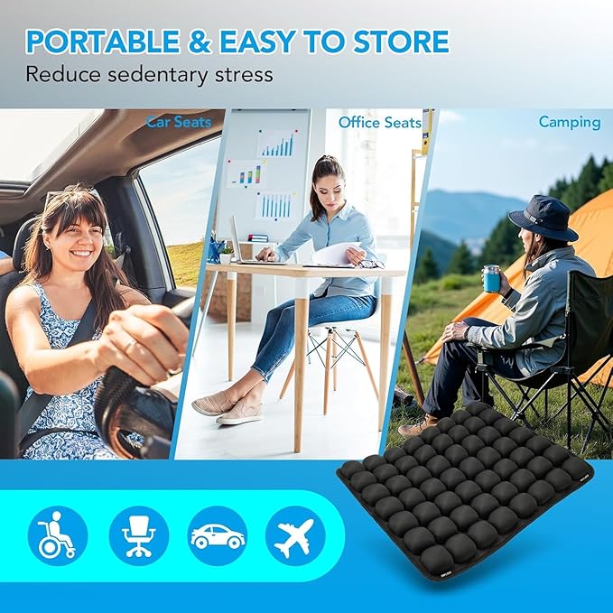 Inflatable Seat Cushion 56 Air Bubble Cell Advanced Pressure Relief for Office Chair, Car, Wheelchair, Long Sitting & Travel – Tailbone, Hemorrhoid & Sciatica Pain Relief Pillow