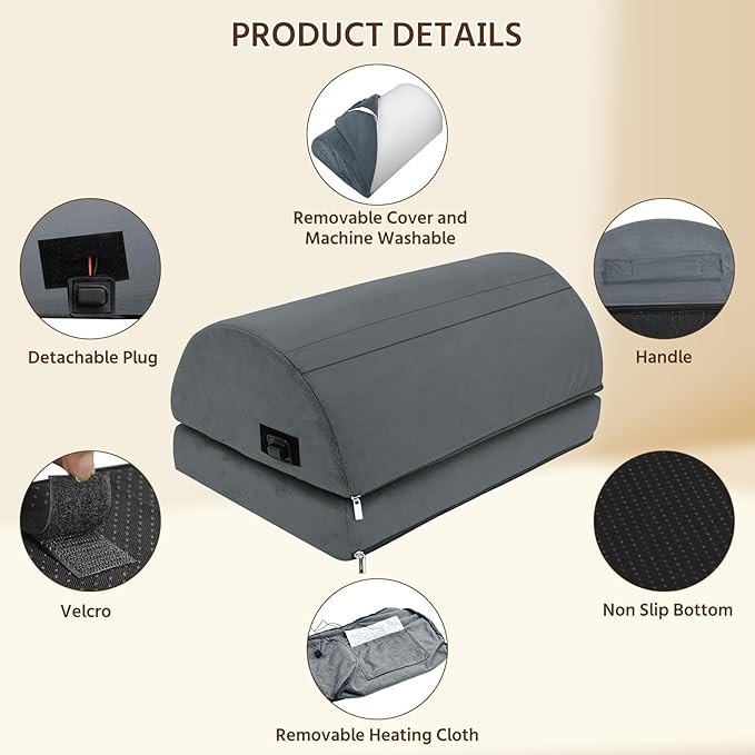 Heated Foot Rest Under Desk Footrest at Work, Foot Warmer Foot Stool with Double Layer Adjustable Height and Washable Cover, Handle Desk Foot Rest with Office Desk Accessories (Gray)