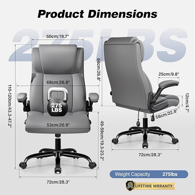 BESTFAIR Ergonomic Office Chair - Desk Computer Chair, Leather High Back Executive Chairs with Adjustable Lumbar Support for Adults, Rolling Swivel Tilt, Gray