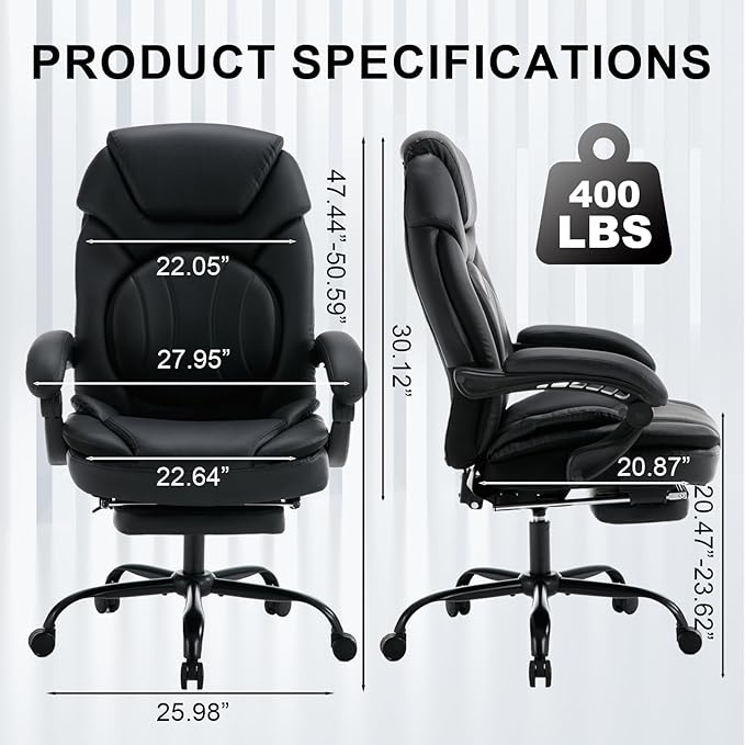 400lbs Reclining Office Desk Chairs with Footrest Back Support PU Leather High Back Wide Seat Recliner Executive Office Chairs for Women, Big Tall Managerial Chairs, Black