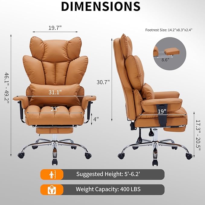 Garvee Big and Tall Office Chair, Executive Leather Office Chair with Footrest, 400lbs Ergonomic Gaming Chair for Adults, Wide Seat Computer Desk Chair with Lumbar Support, 150 Degree Reclining, Brown