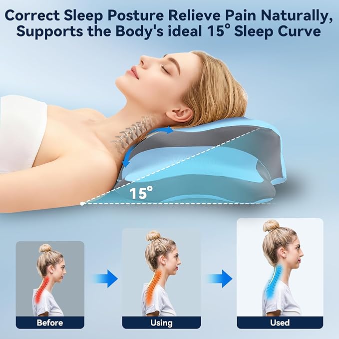Sleep Apnea Pillow with Neck Pain & Snoring Relief -Orthopedic Cervical Pillow, Ergonomic Contour Memory Foam for Side, Back,Stomach Sleepers, Medium Firm (Blue, Queen Size 25" lx15 wx5.8 h)