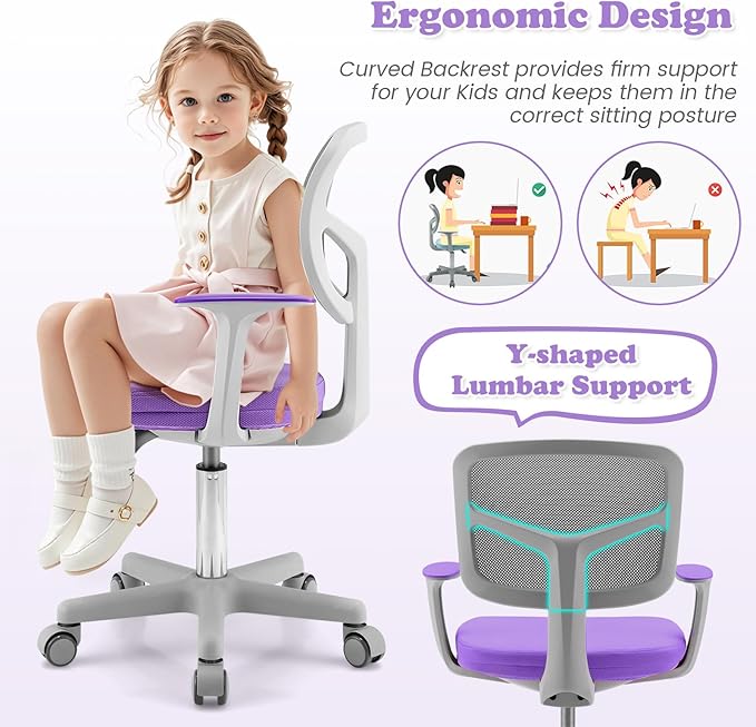 Giantex Kids Desk Chair, Ergonomic Adjustable Teen Task Chair w/Y-Shaped Lumbar Support, Armrest & Universal Wheels, Mesh Kid Office Chair for Sturdy, Kids Computer Chair for Boys Girls 4-12, Purple