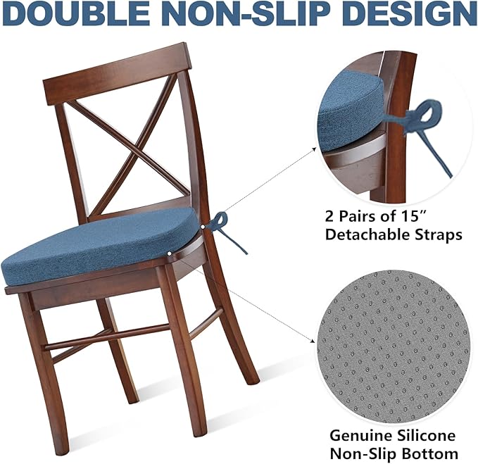 Shinnwa Chair Pads for Dining Chairs Set of 6, Non-Slip Kitchen Chair Cushions with Detachable Straps and Machine Washable Cover, 6 Pack, 17x16x2in, Blue