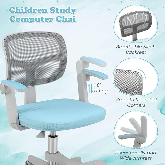 Giantex Kids Desk Chair, Ergonomic Adjustable Student Rolling Chair with Footrest & Flip-up Armrest, Mesh Children Office Chair with Universal Wheels, Kids Computer Chair for Boys & Girls, Blue