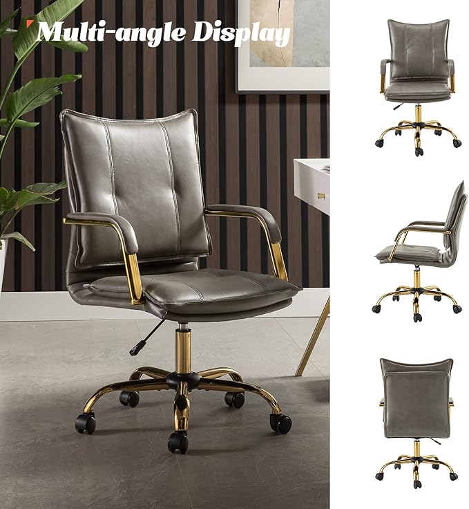 HULALA HOME Faux Leather Home Office Desk Chair, Adjustable Swivel Computer Chair with Golden Legs and Arms, Comfy Upholstered Task Chair, Grey