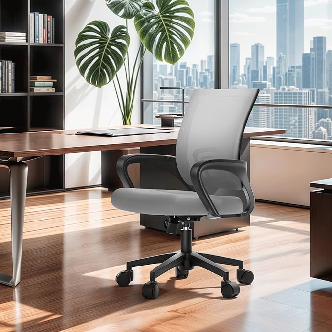 MoNiBloom Mesh Office Chair, Ergonomic Computer Chair for Adults, Rolling Swivel Mid-Back Desk Chair with Lumbar Support, Comfy Armrest for Home Office, Gaming, Light Gray