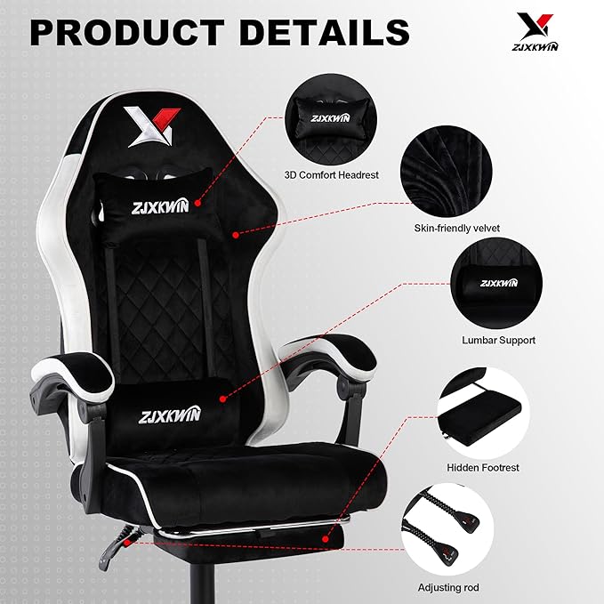 Velvet Gaming Chair, Ergonomic High Back Racing Chair with Footrest, Spring Wide Cushion, Adjustable Headrest & Lumbar Support, 90-135° Recline, 360° Swivel, 300lbs for Home Office, White