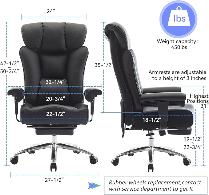 Efomao Big and Tall Office Chair 400 lbs Capacity, Oversized Executive Desk Chair with Footrest, Extra Wide 23" Seat, High Back Ergonomic PU Leather Home Office Chair， Black