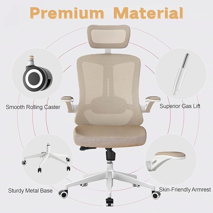 Ergonomic Office Chair - 350LB Comfy Desk Chairs with Adjustable Headrest and Lumbar Back Support, Mesh Computer Chairs with Wheels and Arms for Home Office, Study (Khaki-with Headrest)