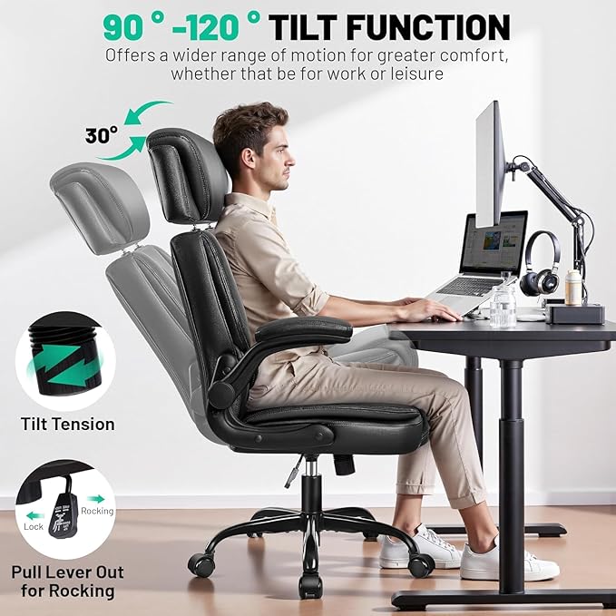 BestGlory Ergonomic Office Chair, PU Leather High Back Desk Chair with Adjustable Headrest and Padded Flip-Up Arms, Lumbar Support Computer Chair for Home Office Gaming, Black