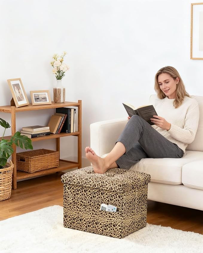 Bsketa Storage Ottoman Foot Rest Stool, Small Velvet Storage Ottomans Bench, Folding Footstool with Side Pockets, Foot Rest Under Desk for Living Room Bedroom, 17x13x13 in, Leopard Print 2 Pack