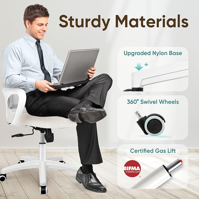 ETONEX Office Chair with Ergonomic Mid Back Cushion Lumbar Support Adjustable Swivel Rolling Computer Gaming Desk Chair Comfy Mesh Seat Wheels Home Executive Use (1, Ivory)