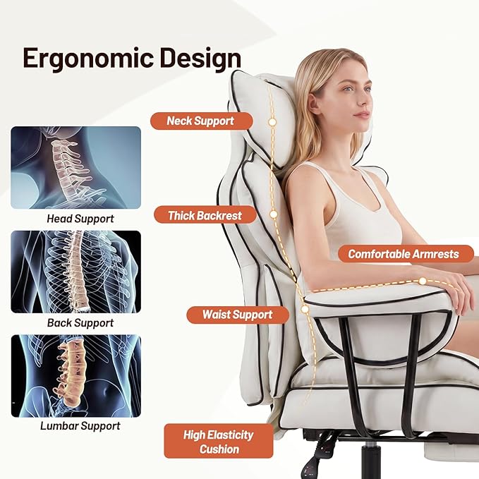 Furniliving Big and Tall Executive Office Chair- Ergonomic, Reclining Desk Chair with Footrest Lumbar Pillow, Height Adjustable Back Leather Chair for Home Office, Pure White