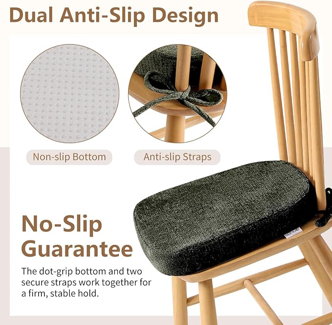 D-Shaped Chair Cushions for Dining Chairs, 2.5” Thick Chair Pads with Washable Comfortable Textured Cover, Non Slip Kitchen Chair Cushions with Ties, 16.5" x 16.5", 4 Pack, Green