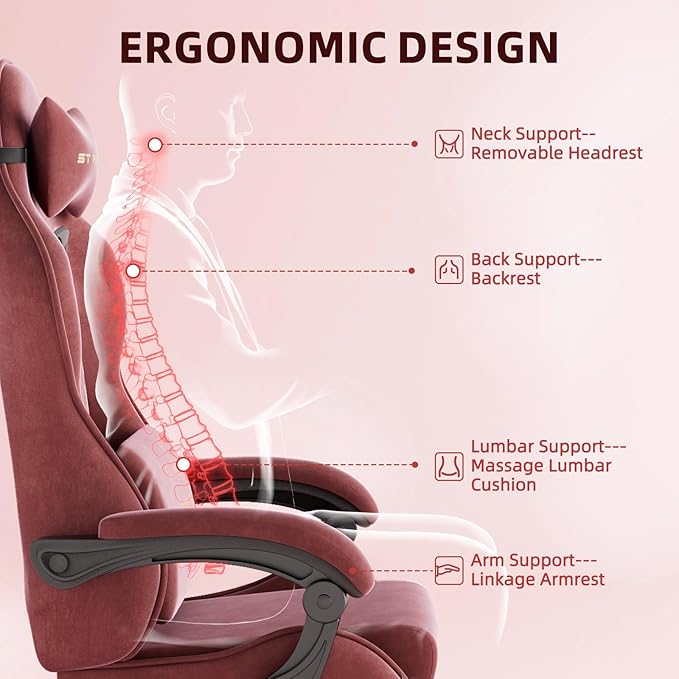 Gaming Chair Racing for Adult, Office Chair with Footrest Massage Lumbar Cushion, Velvet Fabric Reclining Video Game Chairs, Ergonomic Computer Chairs Height Adjustable, for Home Streaming, Red