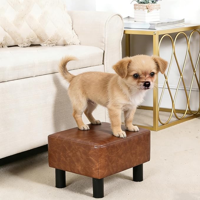 Joveco Small Footstool Ottoman PU Leather Footrest Modern Rectangular Foot Stool with Non-Skid Legs Pets Step Stool for Couch Dog Living Room Bedroom (Light Brown)