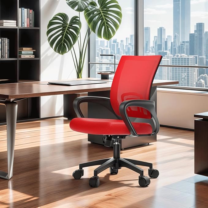 MoNiBloom Mesh Office Chair, Ergonomic Computer Chair for Adults, Rolling Swivel Mid-Back Desk Chair with Lumbar Support, Comfy Armrest for Home Office, Gaming, Red