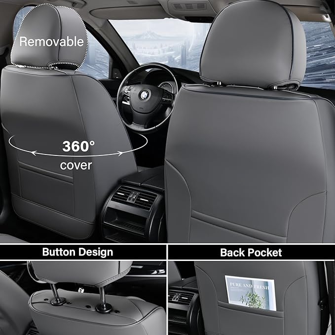 Coverado Car Seat Covers Front Seats, 2 Piece Car Seat Protector with Lumbar Support & Removable Headrest, Breathable Leather Seat Cushion Universal Fit for Truck Automotive Vehicles Gray