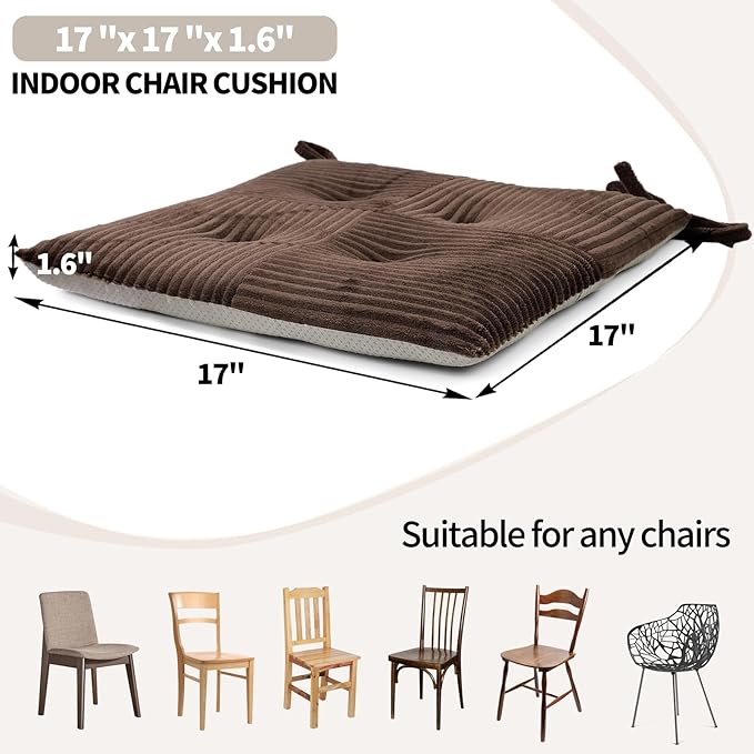 Office Stacking Chair Cushion with Ties, Corduroy High Density Foam Non-Slip Kitchen Seat Cushion, Square 17" x 17" Indoor Dining Chair Pads, Brown, 1 PCS