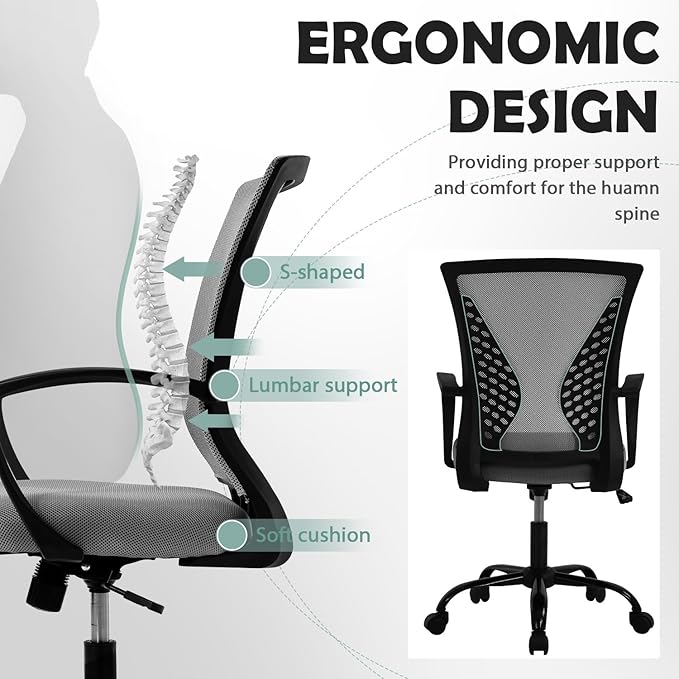 Mid Back Office Chair with Lumbar Support - Breathable Mesh Computer Chair for Desk, Ergonomic Adjustable Swivel Chair with Arms, Home & Office Use, Fits Small Spaces (Grey)