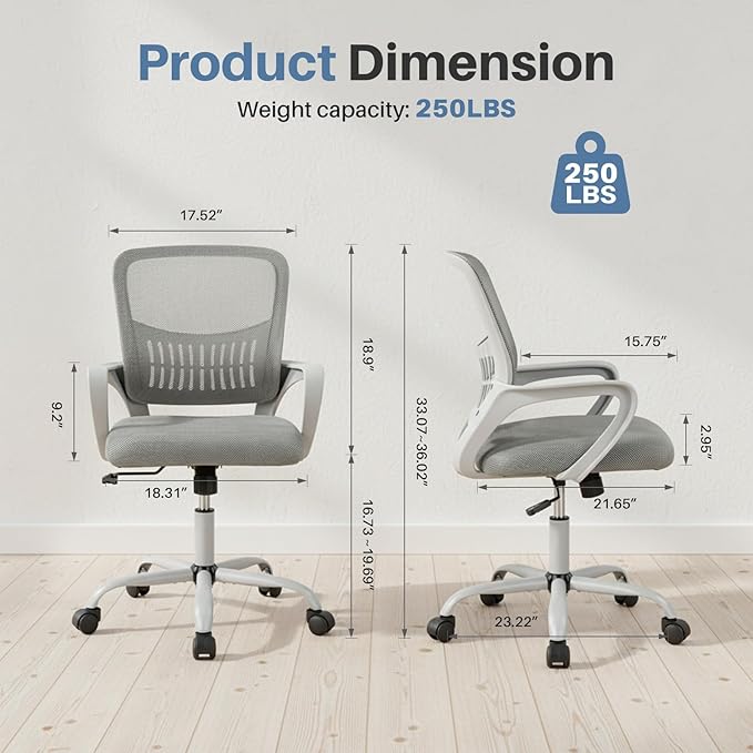 DUMOS Home Office Computer Chair - Ergonomic Mid Back Desk with Lumbar Support and Rocking Mode, Height Adjustable with Fixed Armrest, for Conference Meeting Room, 360° Swivel, Adults, Grey