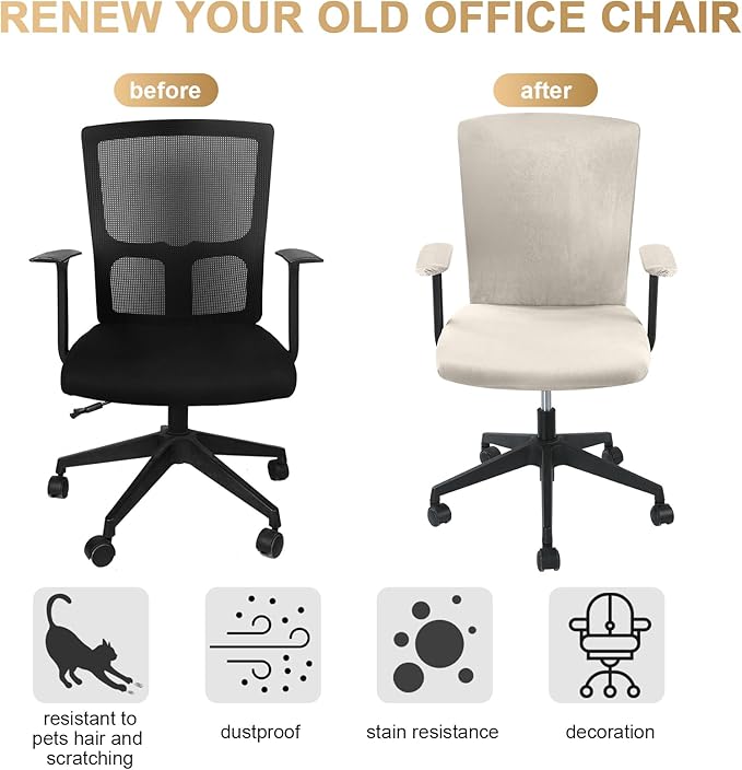 Tallew 4 Pcs Office Chair Covers Set Computer Universal Protective Stretchable Chair Seat Covers Desk Armrest Slipcovers Pads Office Cushion Backrest for Rotating(Cream)