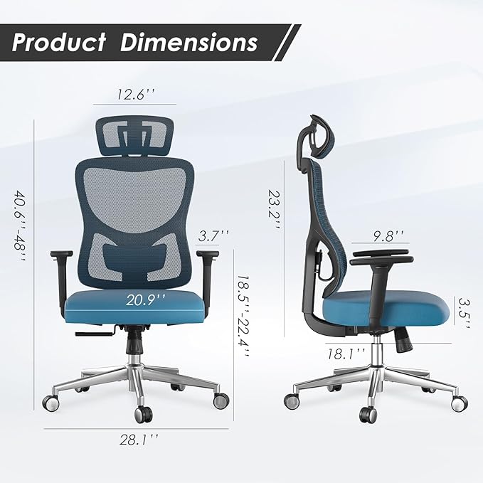 Soohow Ergonomic Office Chair, Mesh Home Desk Chair with Armrest, High Back Office Chair with Adjustable Lumbar Support and Headrest, Comfy Recling Swivel Chair for Home and Office, Black & Navy