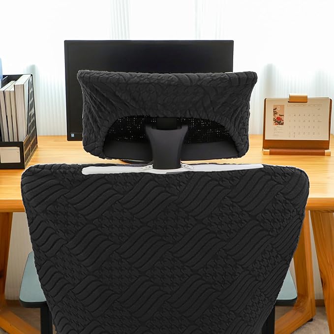 Ergonomic Office Chair Cover with Headrest Covers Black Jacquard Stretch Desk Chair and Headrest Slipcovers Washable