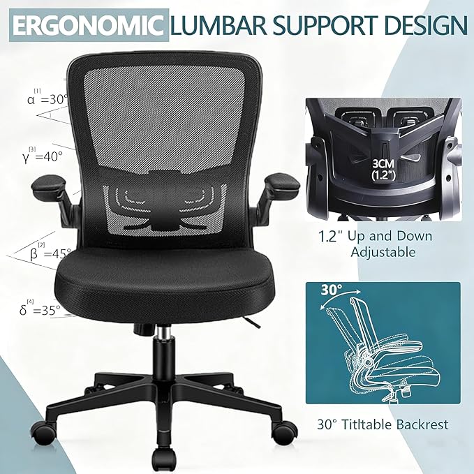 KLASIKA Desk Chairs with Wheels, Ergonomic Mesh Office Chair Adjustable Height and Swivel Lumbar Support Home Office Chair with Flip Up Armrests (1PK)
