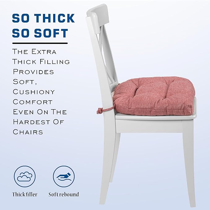 SQUARE MOON D-Shaped 3" Thick Chair Cushions, Chair Pads for Dining Chairs and Kitchen Chairs, Indoor Dining Room Seat Cushions with Ties, Machine Washable, 17" x 16" x 3", 4/Pack, Dark Pink