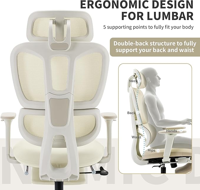 Ergonomic Office Chair with Footrest, 90-135° Reclining High Back Desk Chair with Lumbar Support, 2D Headrest, 2D Armrests, Computer Chair for Long Hours, Cream
