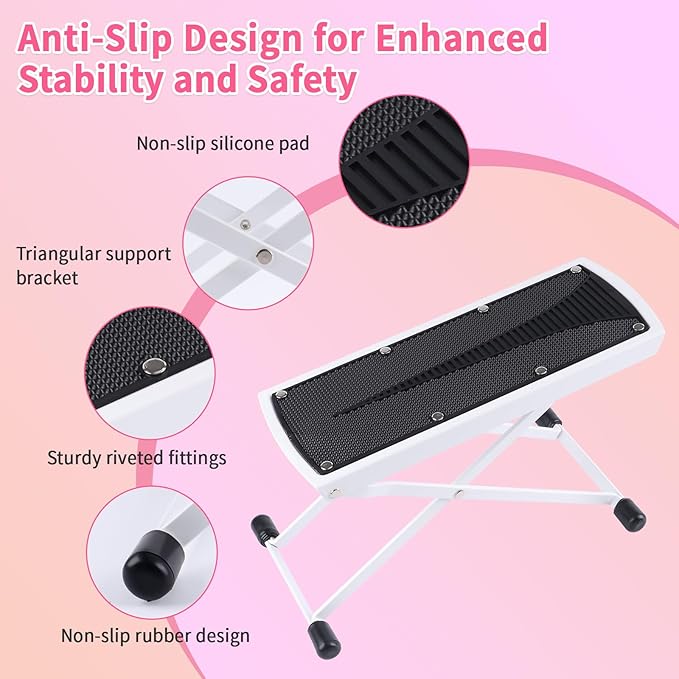 White Aluminum Alloy Pedicure Foot Rest, 6 Heights Adjustable Non-Slip Foldable Pedicure Stool for Easy at Home Pedicures, No More Bending or Stretching