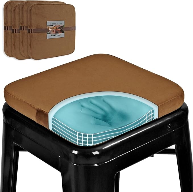 SINOSSO Magnetic Memory Foam Metal Stool Cushions Set of 4, Luxury Velvet Bar Cafe Stackable Chair Seat Pads, Non-Slip & Washable (Square, Brown, 4)