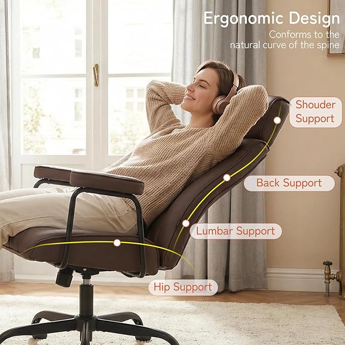 Furniliving Leather Office Chair with Adjustable Headrest, Mid-Century Modern High-Back Office Desk Chair, Ergonomic Computer Chair with Wheels, Armrests, Lumbar Support, Dark Brown