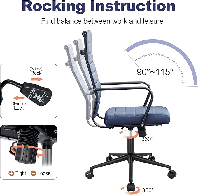 Okeysen Office Desk Chair Conference Room Chairs Modern Ergonomic Executive Swivel Chair Adjustable Height PU Leather Home Desk Chairs with Armrests Comfy Computer Task Chairs with Wheels (Navy Blue)