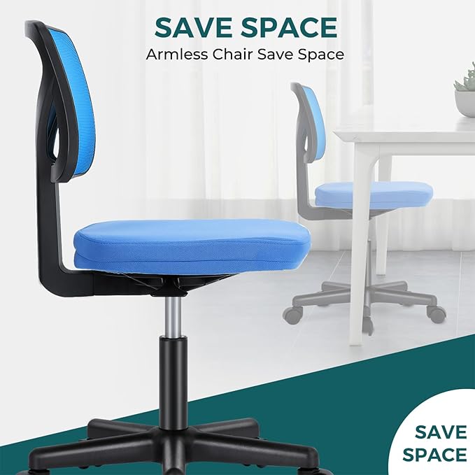 DUMOS Armless Office Chairs with Wheels Cute Home Desk Chair No Arms, Ergonomic Adjustable Swivel Rolling Task Chair, Comfy Mesh Mid Back Computer Work Vanity Chair for Small Spaces, Blue