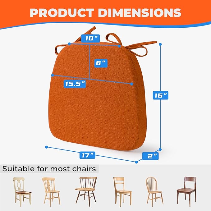 Sunsleek Chair Cushions for Dining Chairs, D-Shaped Seat Cushions with Removable Washable Cover and Ties, Chair Pads for Kitchen, Indoor Dining Room, Patio Chairs, 17'' x 16'', Set of 4, Orange