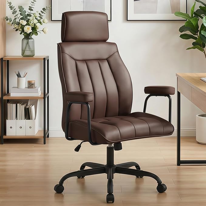 Furniliving Leather Office Chair with Adjustable Headrest, Mid-Century Modern High-Back Office Desk Chair, Ergonomic Computer Chair with Wheels, Armrests, Lumbar Support, Dark Brown