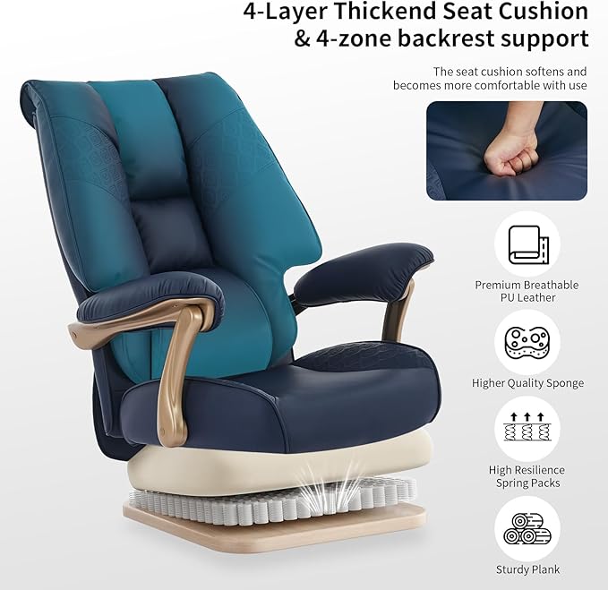 EXCEBET Big and Tall Executive Office Chair with Footrest, 400LBS Capacity Ergonomic High-Back Desk Office Chair with Lumbar Support, Padded Armrests & Thick Cushion, Blue PU Leather Chairs