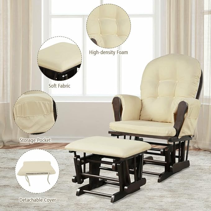 Costzon Nursery Glider with Ottoman, Upholstered Comfort Glider Rocker with Padded Cushion, Storage Pocket, Solid Wood Base, Rocking Chair Nursery for Breastfeeding, Napping (Beige)