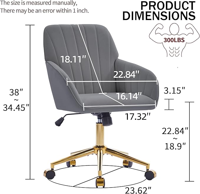 Velvet Home Office Desk Chair, Modern Cute Computer Task Chair with Back, Height Adjustable Upholstered Vanity Chair with Swivel Wheels for Women, Girls (Gold Base, Gray