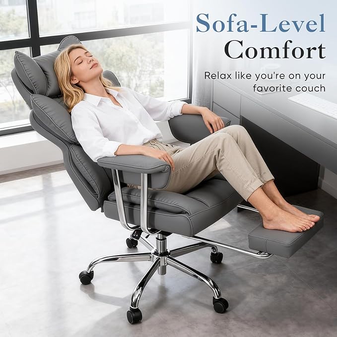 DUMOS Big and Tall Office Chair 350 LBS, Scratch-Resistant PU Leather Executive Office Desk Chair with Footrest, Ergonomic Reclining Computer Chair with Pocket Spring Support for Home Office, Grey