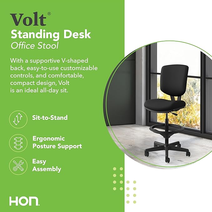 HON Volt Standing Desk Chair with Footring, Armless Ergonomic Task Stool with Center‑Tilt Recline, Adjustable Height Seating for Computers, Desks, and Sit‑Stand Workstations, Black