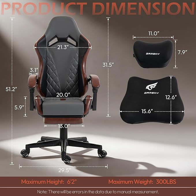 Ergonomic Gaming Chair for Adults with Footrest - PU Leather Computer Gamer Chair with Memory Foam Headrest & Lumbar Pillow, Reclining Silla Gamer Video Game Chair for Home Office, Black & Grey
