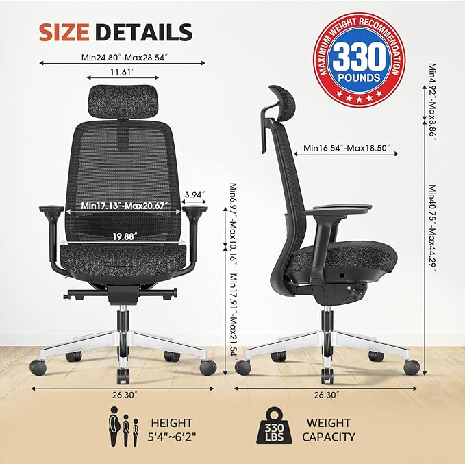 ErgoSift M2 Office Chair Ergonomic Desk Chair High-Back Mesh Desk Chair with Adjustable Lumbar Support and Headrest 4D Armrests for Long Hours Sitting Black