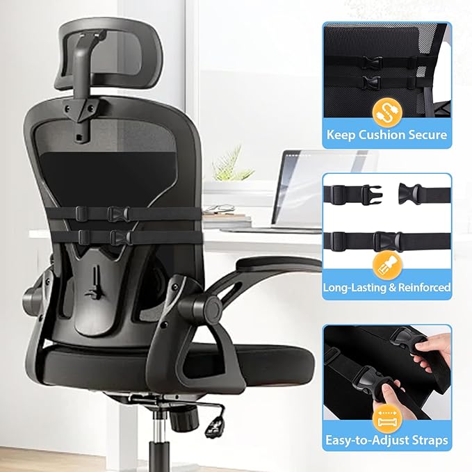 SweetSlubr Large Lumbar Support Pillow for Office Chair, Car Seats and Home Desks, Ergonomic Back Support with Double Adjustable Straps, Machine Washable Cover, Black